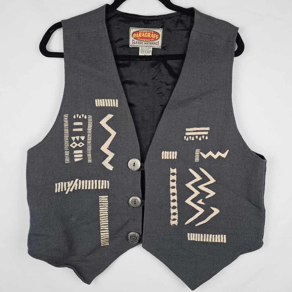 Vintage Paragraff Clothing Co Gray Cotton Jute Embroidered Vest Mens Large Boho